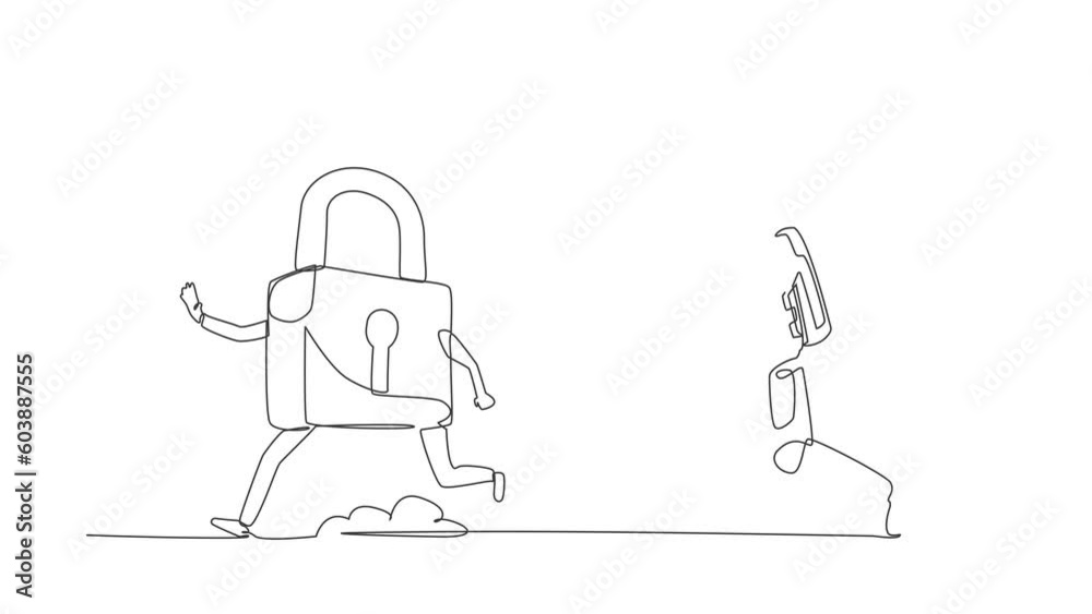 Poster animated self drawing of continuous line draw astronaut run chasing padlock in moon surface. space c