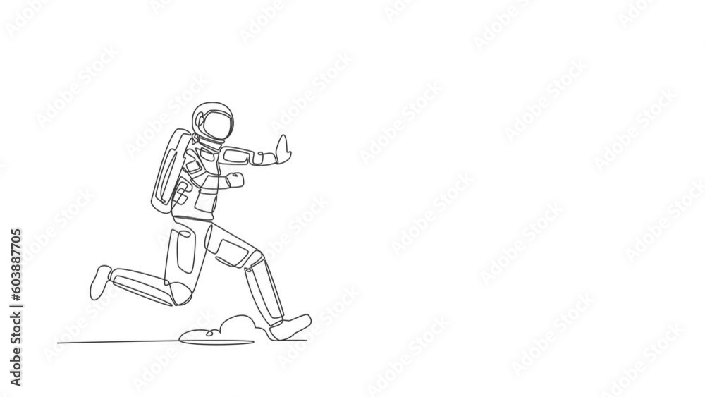 Poster animated self drawing of continuous line draw of astronaut run chasing wallet in moon surface. digit