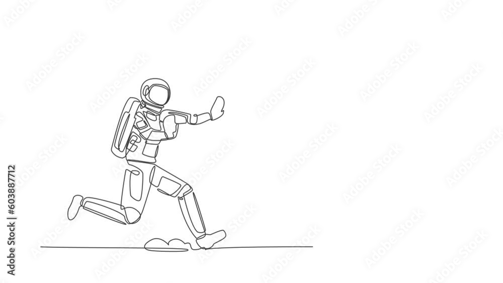 Poster animated self drawing of continuous line draw astronaut run chasing dollar symbol in moon surface. i