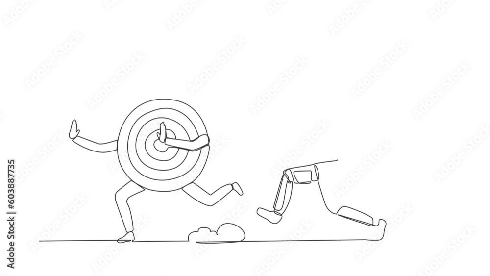 Poster animated self drawing of single continuous line draw astronaut run chase dartboard target in moon. a