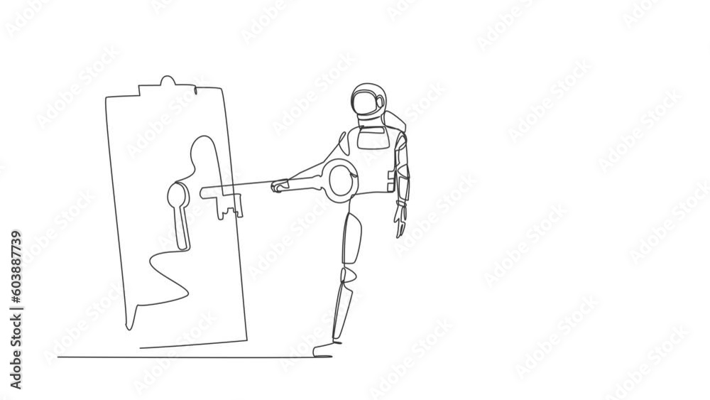 Poster self drawing animation of single one line draw of astronaut put key into clipboard. document or cont