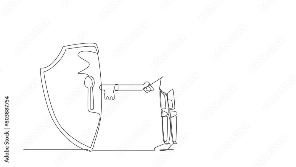 Poster animated self drawing of continuous line draw young astronaut put key into shield. internet security