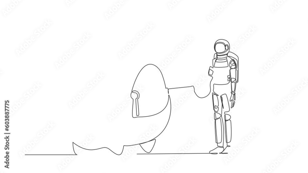 Poster animated self drawing of continuous line draw astronaut putting key into piggy bank. personal saving