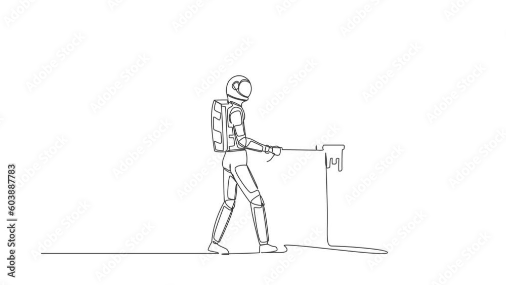 Poster animated self drawing of continuous line draw astronaut putting key into book. unlock textbook for s