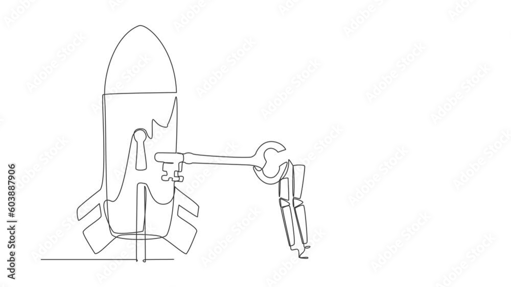 Poster animated self drawing of continuous line draw astronaut putting key into rocket. launching satellite