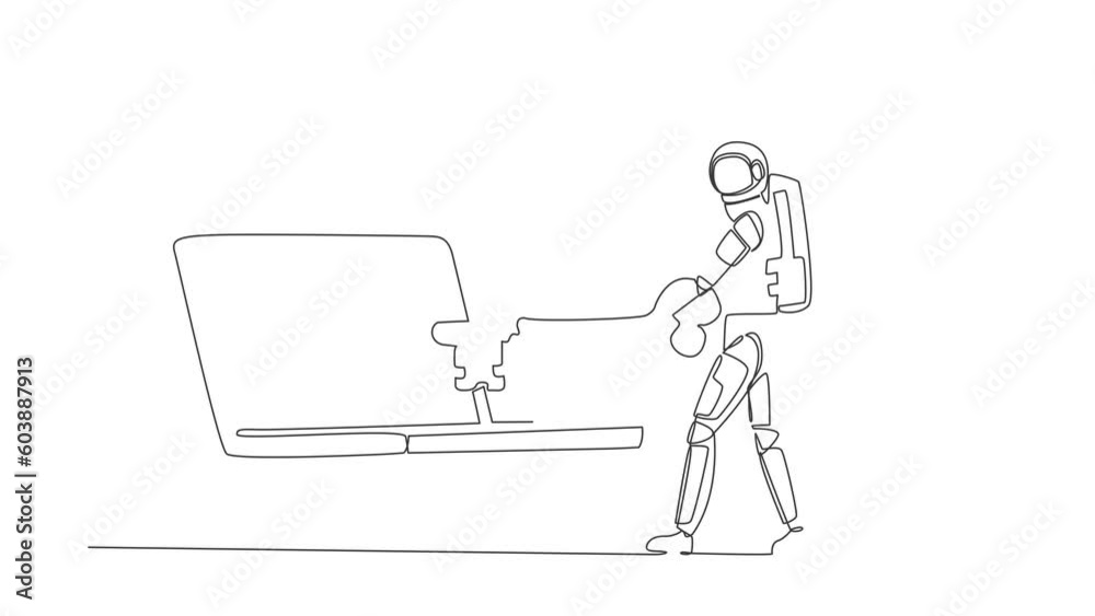 Poster self drawing animation of single line draw astronaut putting key into laptop. protection internet sp