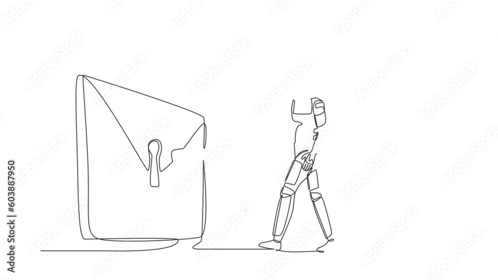 Poster animated self drawing of continuous line draw astronaut putting key into mail. message protection or