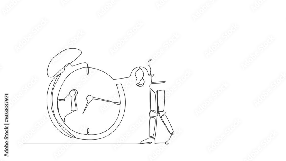 Poster self drawing animation of single line draw astronaut putting key into alarm clock. deadline work, ti