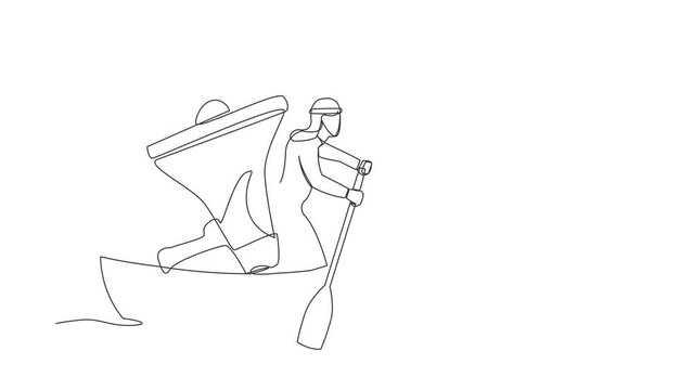 Self drawing animation of single line draw Arabian businessman sailing away on boat with megaphone. Command, control through megaphone, leadership and teamwork. Continuous line. Full length animated