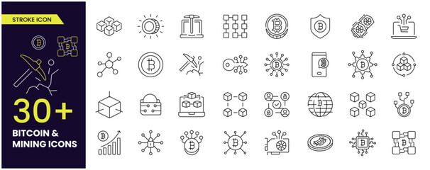 Simple Set of Bitcoin related vector stroke icons. Contains such icons as Mining, Exchange, Payment and more. Editable Stroke line icons. 