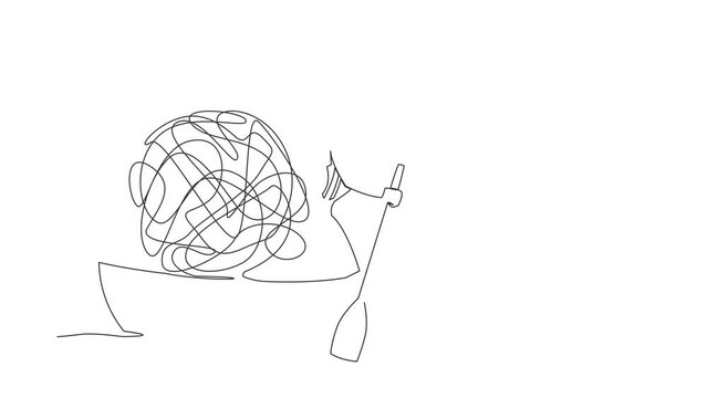 Animated self drawing of continuous line draw businesswoman sailing away on boat with messy line. Stressed worker escape from chaotic or anxiety minded. Mental health. Full length one line animation