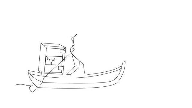 Animated self drawing of continuous one line draw businessman sailing away on boat with safe deposit box. Unexpected financial opportunities, bank deposit protection. Full length single line animation
