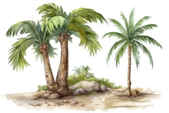 three palm trees painted in watercolor Generative AI