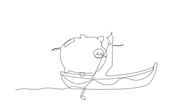 Animated self drawing of continuous line draw of businessman standing in boat sailing with piggy bank. Economy purposes saving money is very important. Smart investor. Full length one line animation