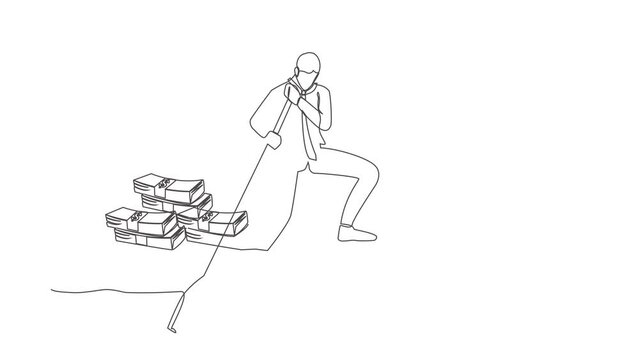 Self drawing animation of single line draw businessman standing in boat sailing with pile of banknote. Financial crime, tax evasion, money laundering, corruption. Continuous line. Full length animated