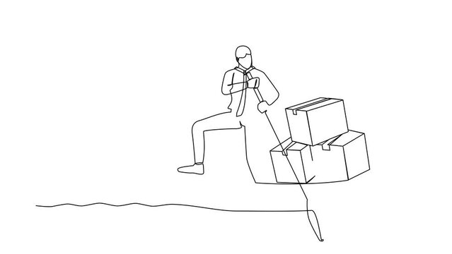 Self drawing animation of single line draw businessman standing in boat, sailing with pile of cardboard. Shipping through the ocean. Delivery and packaging. Continuous line draw. Full length animated