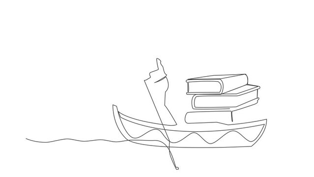 Animated self drawing of continuous line draw smart businessman standing in boat and sailing with pile of books. Education, fantasy, imagination, intellect concept. Full length single line animation