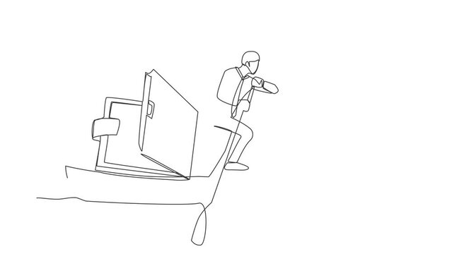 Animated self drawing of continuous line draw businessman sailing away on boat with wallet. Office worker with problem due to economic crisis. Lack of paper money. Full length single line animation