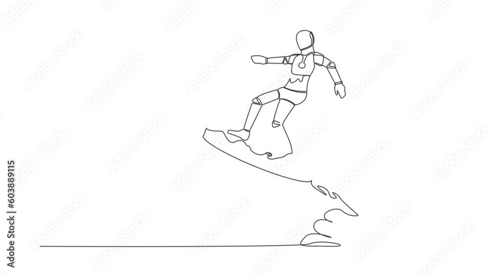 Poster self drawing animation of single line draw robot riding dollar coin rocket flying in the sky. tech b