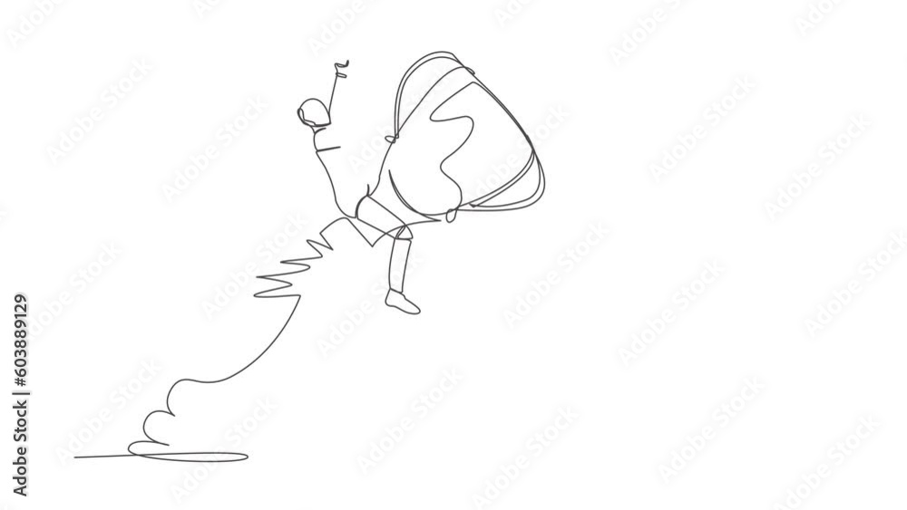 Poster animated self drawing of continuous line draw robot riding trophy rocket flying in sky. improve tech