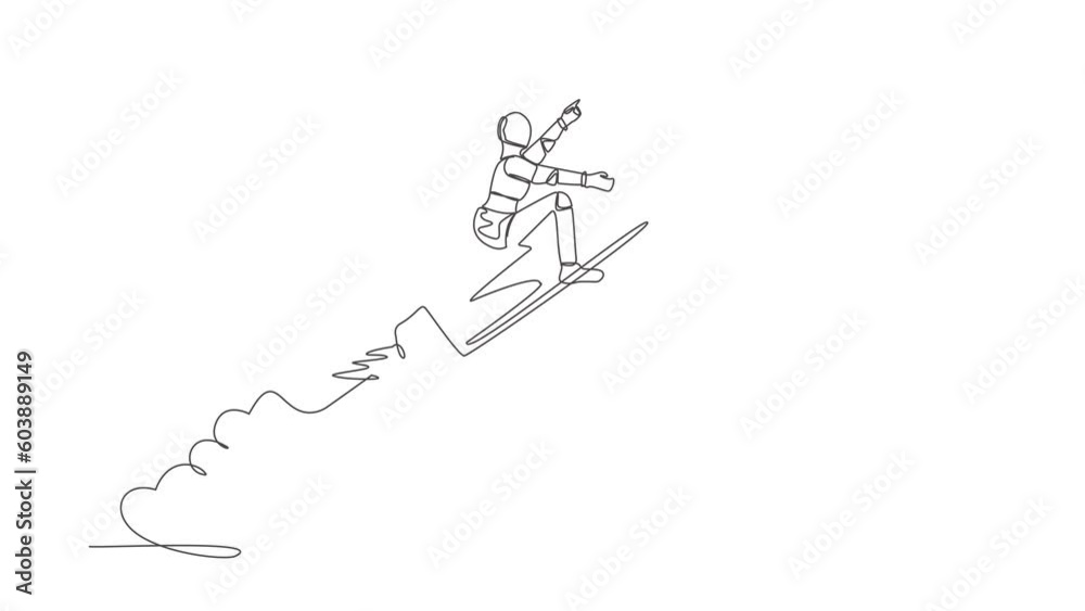 Poster animated self drawing of continuous line draw robot riding pencil rocket flying in sky. tech educati