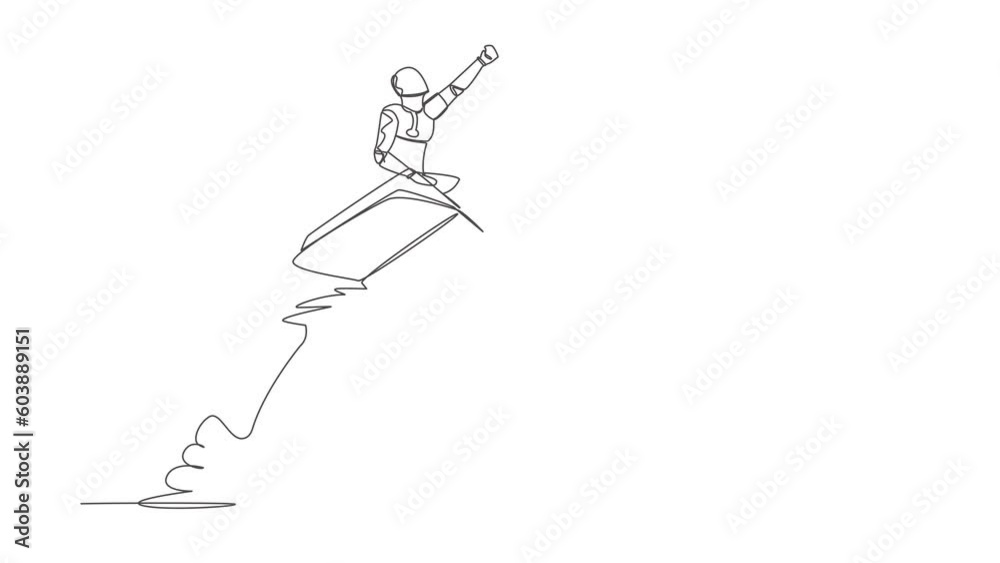 Poster self drawing animation of single one line draw robot riding book rocket flying in sky. increase tech