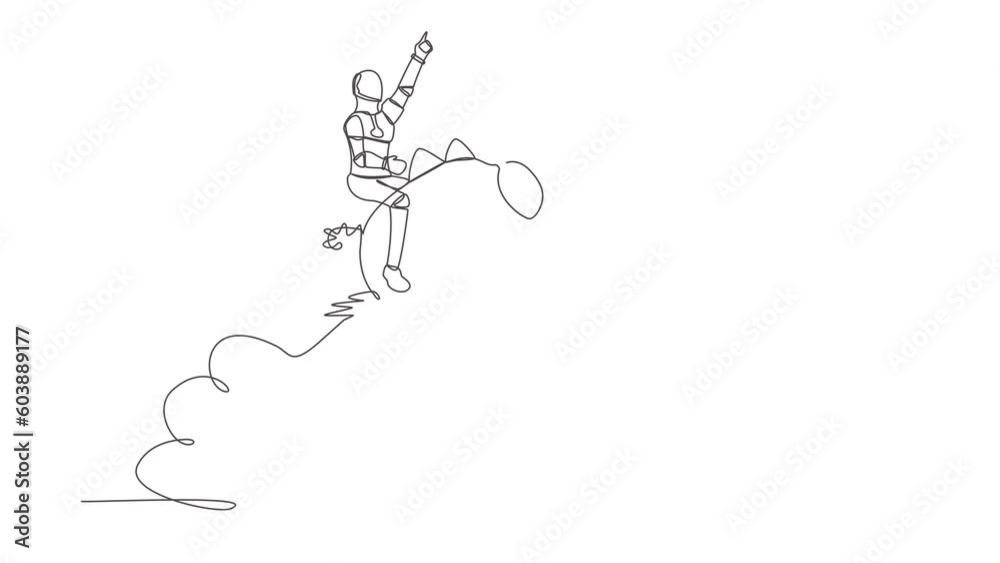 Poster animated self drawing of continuous line draw robot riding piggy bank rocket flying in sky. financia