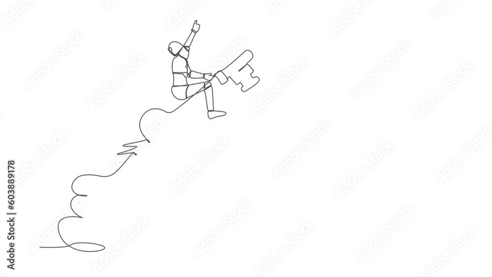 Poster animated self drawing of continuous line draw robot riding key rocket flying in sky. discover key su