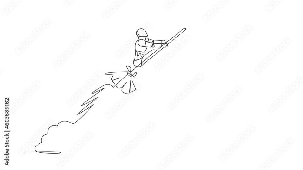 Poster animated self drawing of continuous line draw robot riding broom rocket flying in sky. tech company 