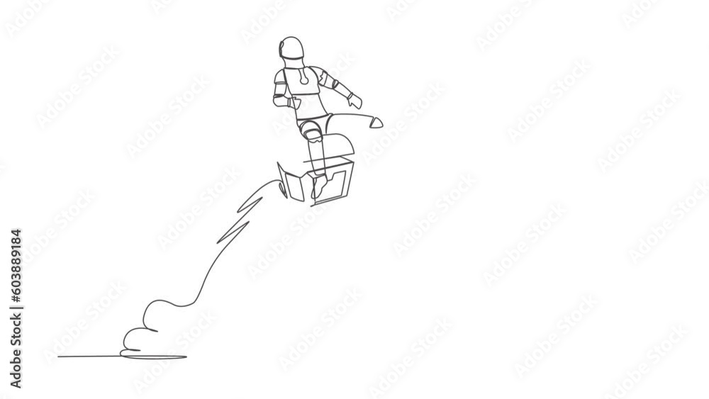 Poster animated self drawing of continuous line draw robot riding treasure chest rocket flying in sky. trea