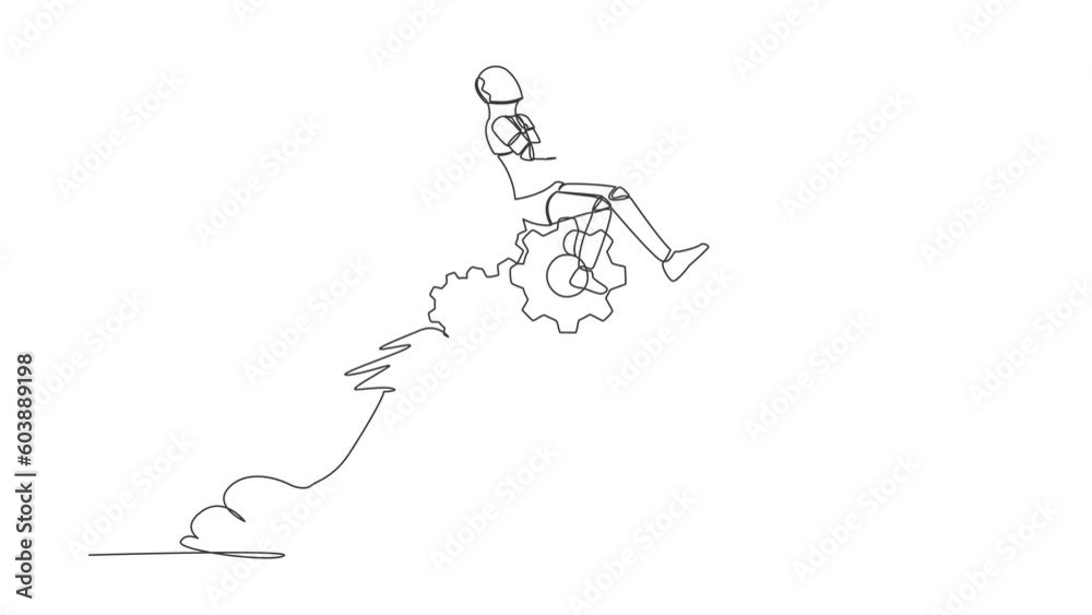 Poster self drawing animation of single one line draw robot riding gear rocket flying in sky. problem solvi