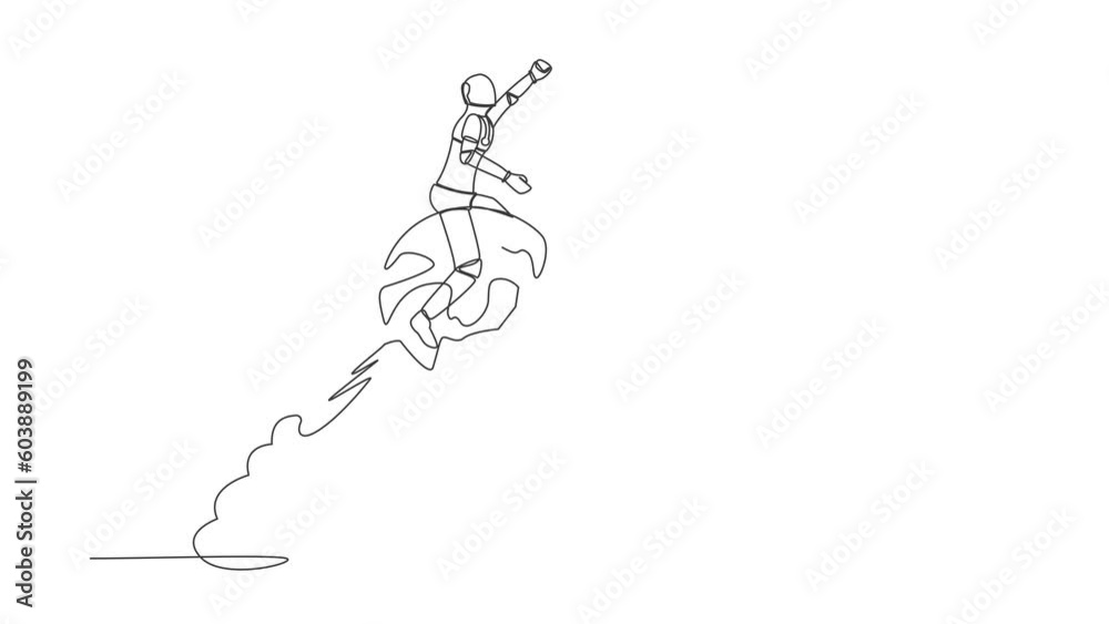 Poster animated self drawing of continuous line draw of robot riding sphere globe rocket flying in sky. glo