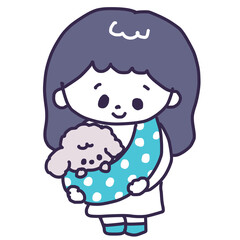 ドッグスリングに入っているトイプードルの子犬を抱っこする若い女性（全身）