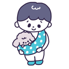 ドッグスリングに入っているトイプードルの子犬を抱っこする若い男性（全身）