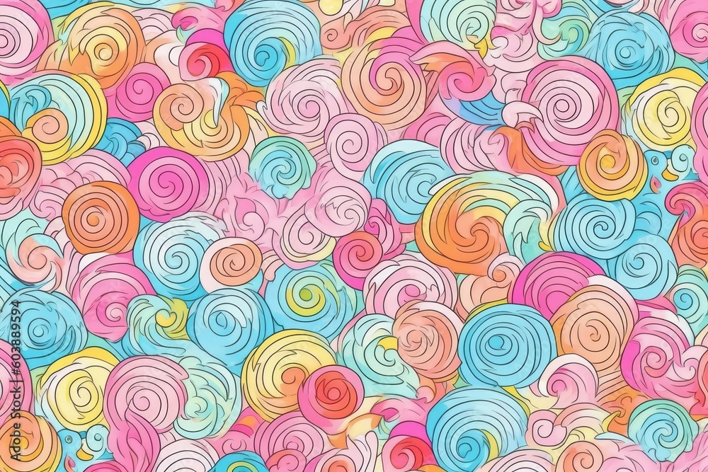 Poster vibrant and colorful abstract pattern with swirls on a pink backdrop generative ai
