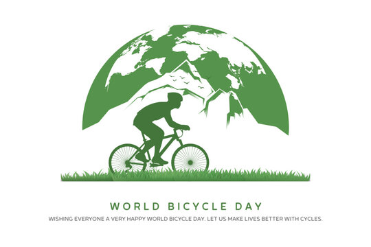 World Bicycle Day vector. Green bicycle icon vector on green grass. Bike silhouette and world map with nature. June 03.