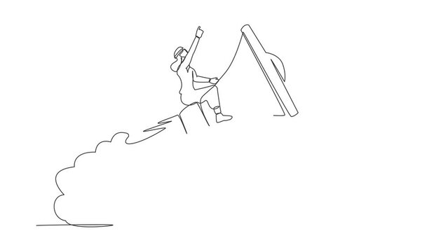 Self drawing animation of single line draw Arabian businessman riding megaphone rocket flying in sky. Communication, soft skill to communicate with customer. Continuous line draw. Full length animated