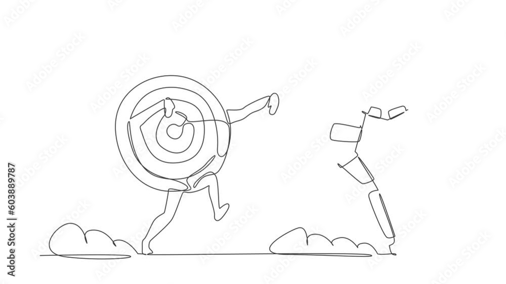 Poster animated self drawing of continuous line draw scare astronaut being chased by archery bullseye targe