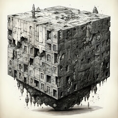 3d rendered illustration of a cube, pen and ink menger sponge., cube