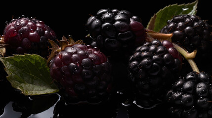 Realistic blackberries with leafs and water droplets on a table - Generative AI illustrations