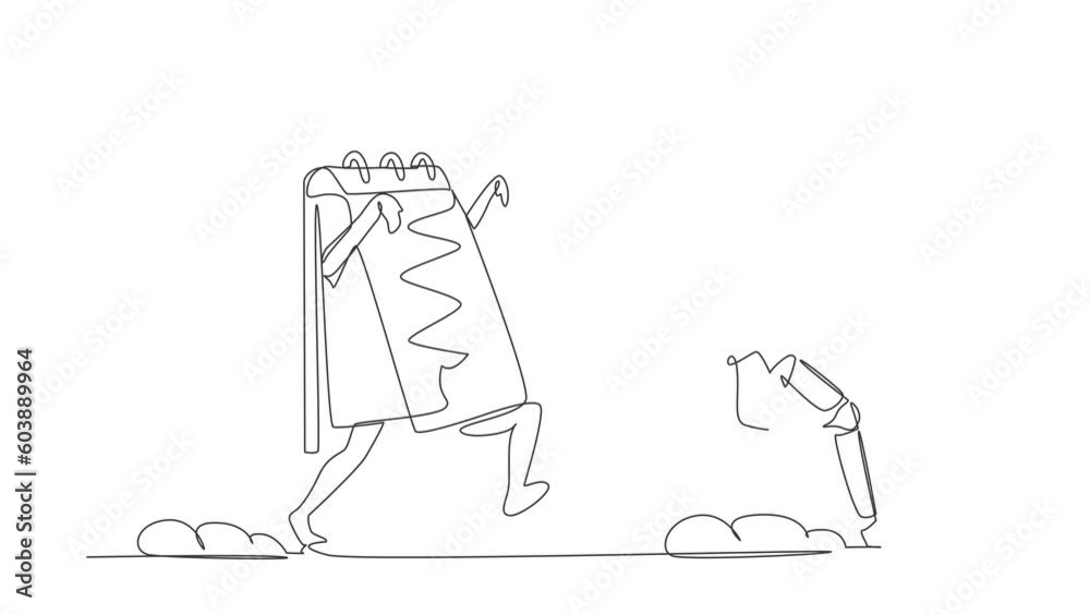 Poster animated self drawing of continuous line draw astronaut being chased by calendar. afraid with spaces