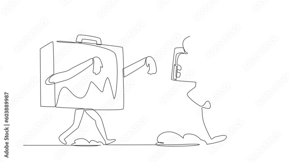 Poster animated self drawing of continuous line draw young astronaut being chased by briefcase. afraid with