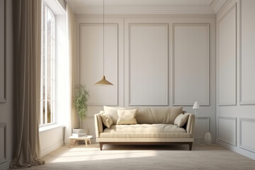 Tranquility and simplicity define this living room, where a comfortable white couch is bathed in natural light from the window. AI Generative
