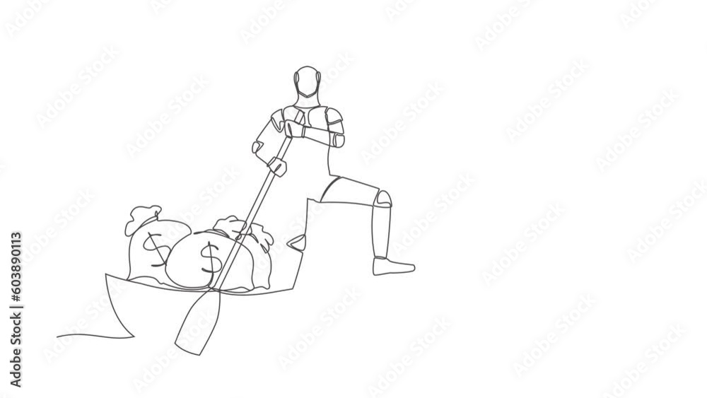Poster animated self drawing of continuous one line draw robot sailing away on boat with stack of money bag