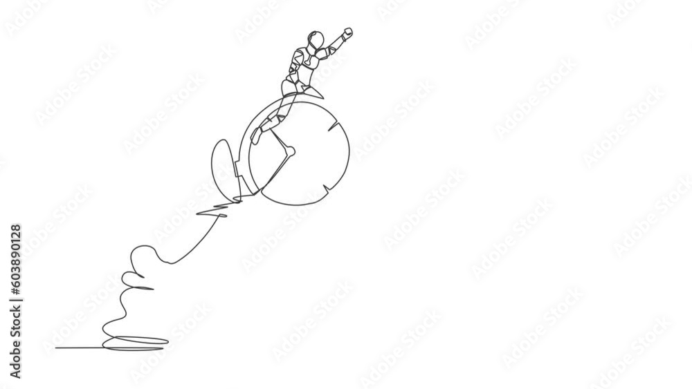 Poster animated self drawing of single one line draw robot riding alarm clock rocket flying in sky. manage 