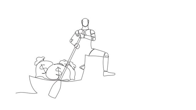 Animated self drawing of continuous one line draw robot sailing away on boat with stack of money bag. Criminal bring amount of money. Robotic artificial intelligence. Full length single line animation
