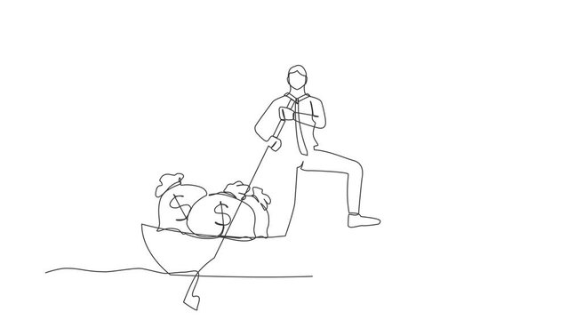 Animated self drawing of continuous line draw of businessman standing in boat and sailing with money bag. Financial profit, successful management. Escape with money. Full length single line animation