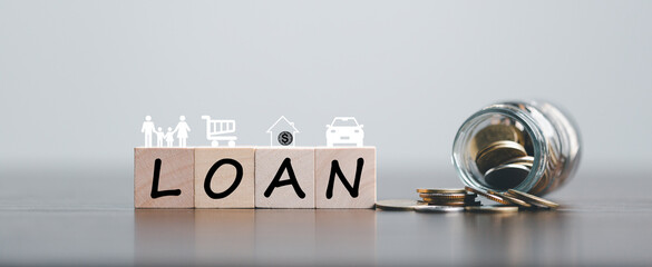 Car, house, personal money loan concept. finance business icon on wooden cube. saving money for a...