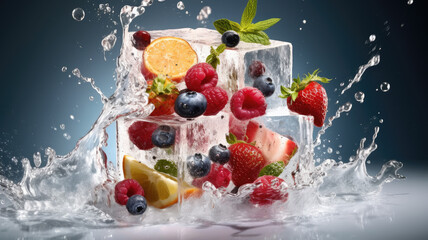 Fototapeta na wymiar Fruits in ice cubes isolated