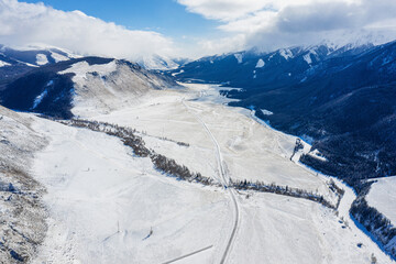 Altai mountains in winter. Kurai ridge. Aerial view.